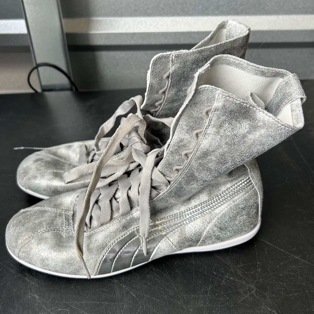 Puma Eskiva Hi Metallic Silver Distressed Boxing Sneakers 361021 01 Womens 8.5